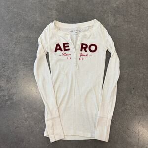 Vintage Y2K Aeropostale Knit White Spellout Longsleeve Henley Top Maroon XS